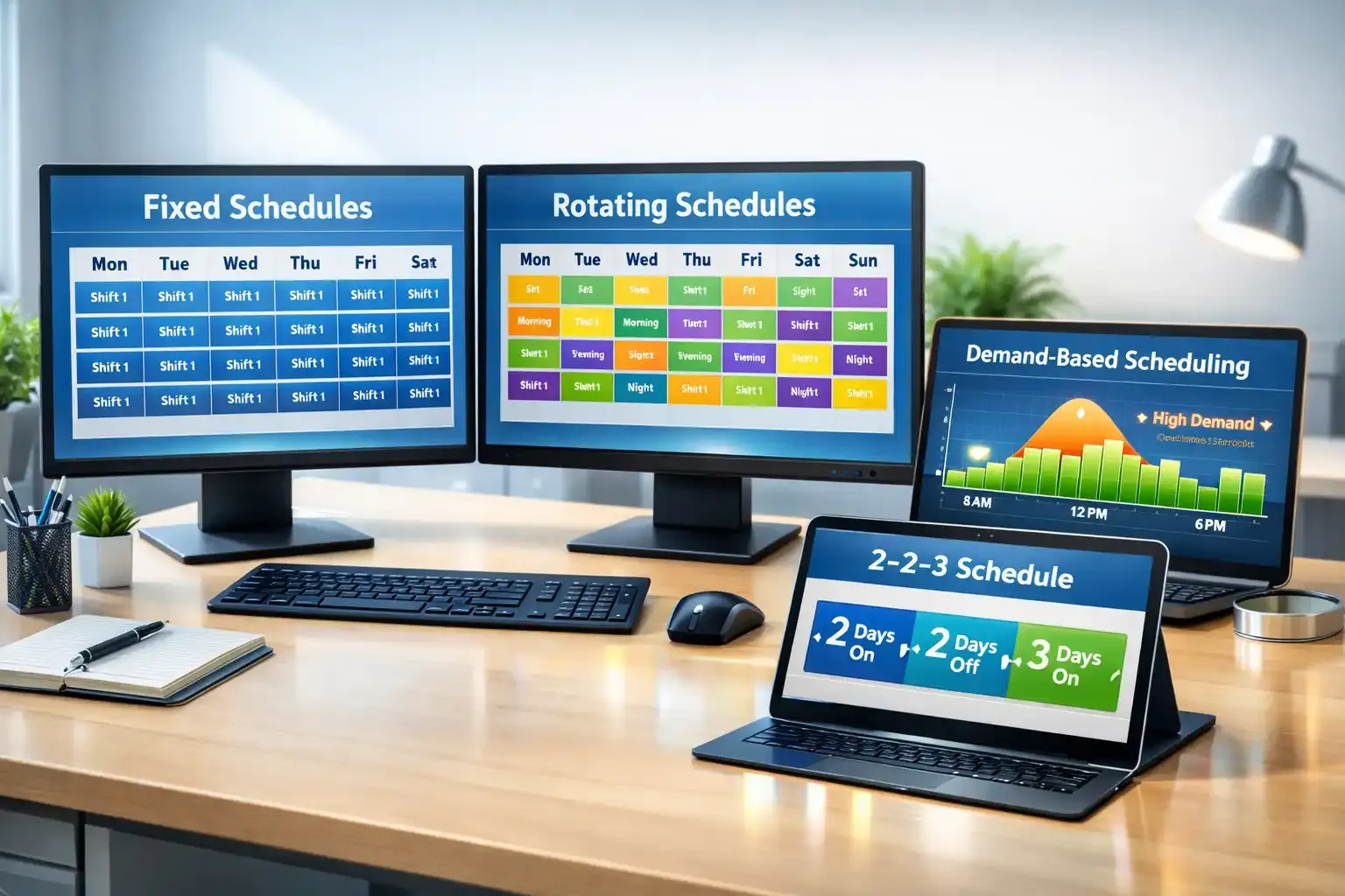 Modern desk with screens showing fixed, rotating, demand, and 2-2-3 schedules